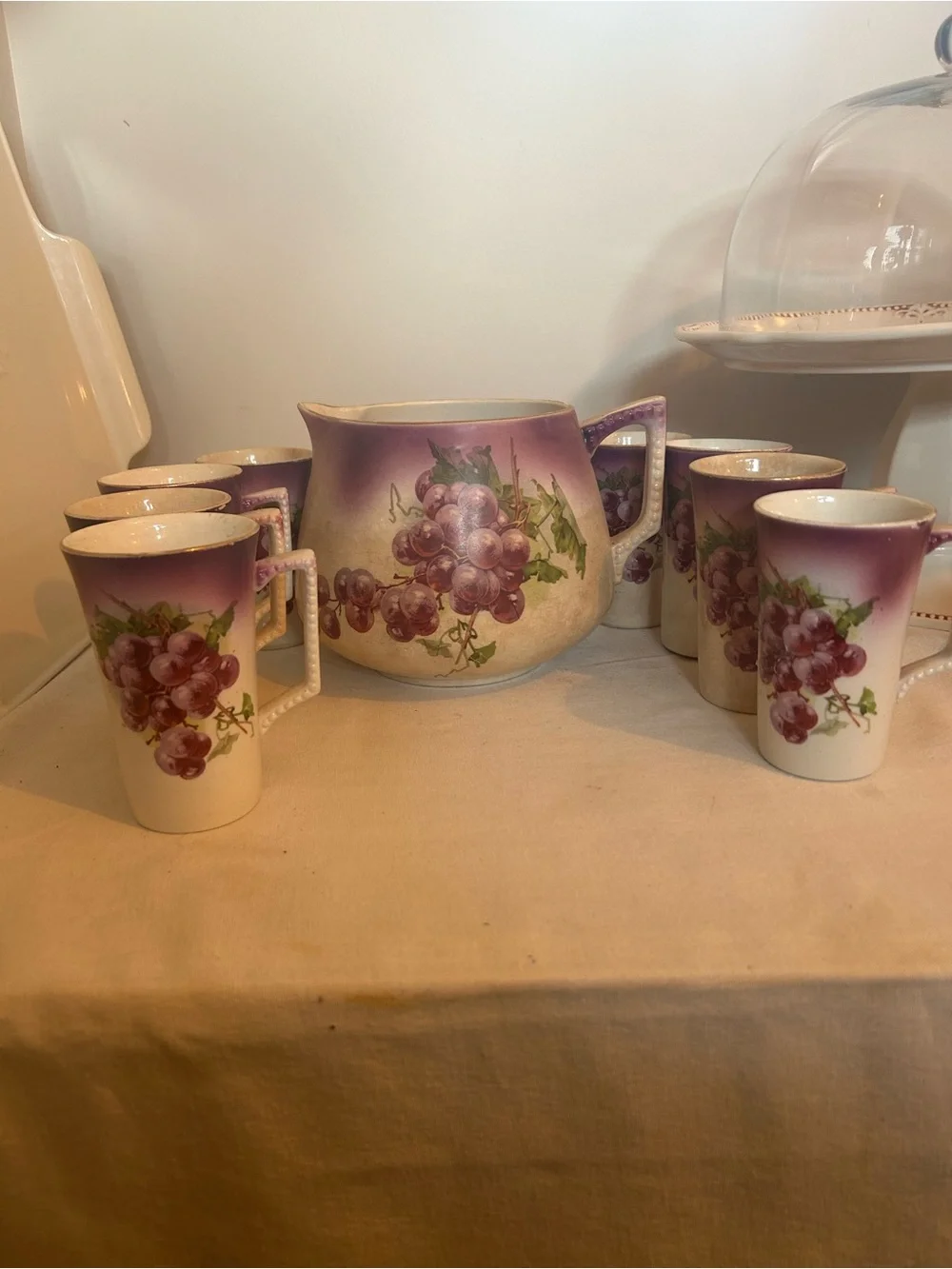 Antique Victorian grape lemonade or cider Pitcher and 8 Mug Set Dresden 1890s